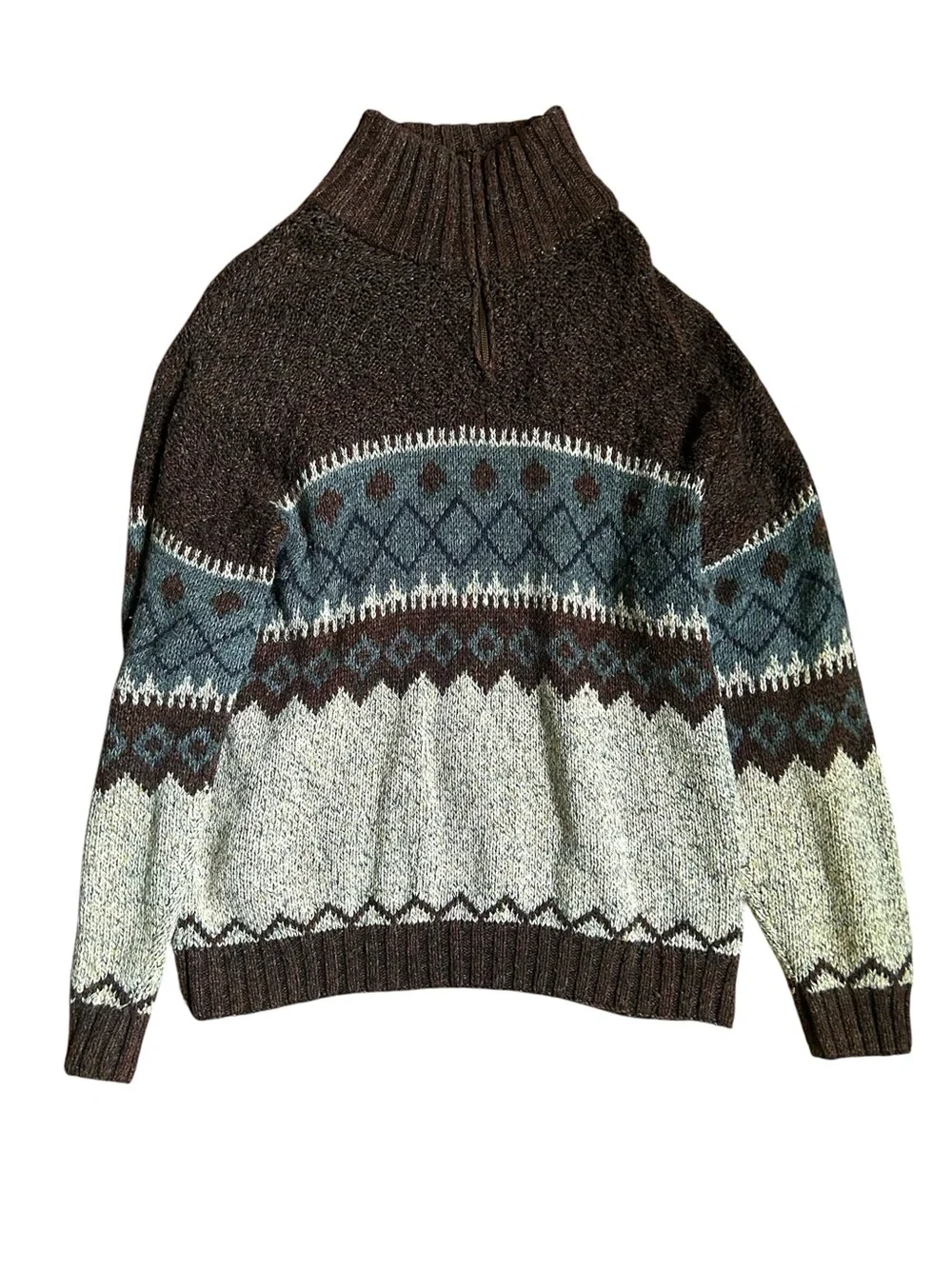 Men's Unisex Brown Fair Isle Mock Neck Ramie Blend  Thick Sweater Size: XLT